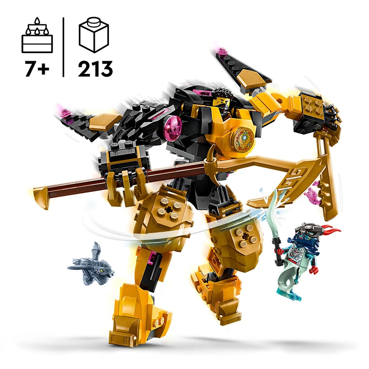 LEGO Arin's Spinjitzu Battle Mech 71839 featuring a gold and black motorized robot with pink accents, articulated limbs, spinning weapons, and minifigures, 213 pieces for ages 7+
