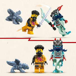 LEGO Ninjago minifigures and animal mech suits displayed in two rows showing yellow ninja warrior with sword, blue and teal dragon mech, gray triceratops mech, and detailed character variations from set 71839