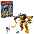 LEGO Ninjago Dragons Rising Arin's Spinjitzu Battle Mech 71839 set featuring a gold and black mech robot with purple accents, a blue ninja minifigure with sword, gray dragon element, and 213 piece construction displayed with red product box against white background
