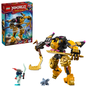 LEGO Ninjago Dragons Rising Arin's Spinjitzu Battle Mech 71839 set featuring a gold and black mech robot with purple accents, a blue ninja minifigure with sword, gray dragon element, and 213 piece construction displayed with red product box against white background