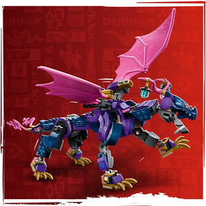 LEGO Rontu the Master Dragon 71842 buildable figure featuring purple and blue segmented body with pink wings, golden claws, and articulated limbs against red background