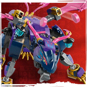 LEGO Rontu the Master Dragon 71842 buildable dragon figure with purple blue and gold colored brick pieces featuring articulated limbs pink energy effects and yellow accents against a red gradient background