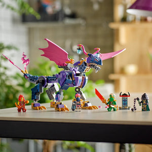 LEGO Elves Ronu the Master Dragon set 71842 featuring a large purple and pink dragon with extended wings, accompanied by five minifigures including a warrior with sword and shield, displayed on a white surface against a blurred home interior background