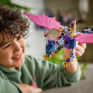 Child holding LEGO Rontu Master Dragon set 71842 featuring purple and blue dragon figure with pink wings and gold claws, colorful construction pieces visible
