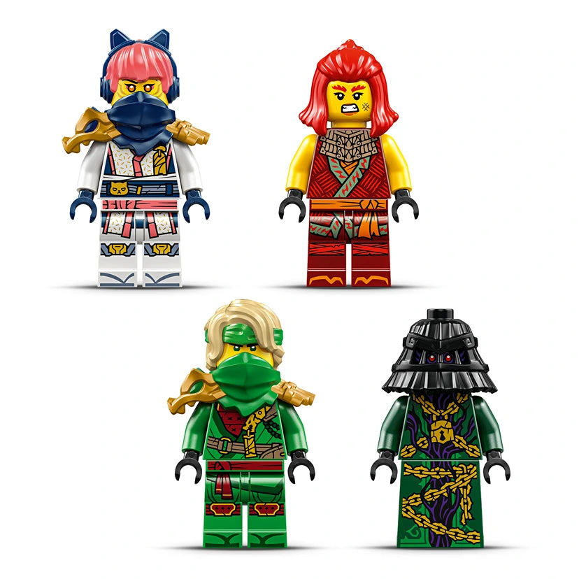 Four LEGO Ninjago minifigures from set 71842 featuring characters with red, green and black ninja outfits, colored hair pieces, masked faces, and gold detailed armor accessories in traditional Asian-inspired warrior style