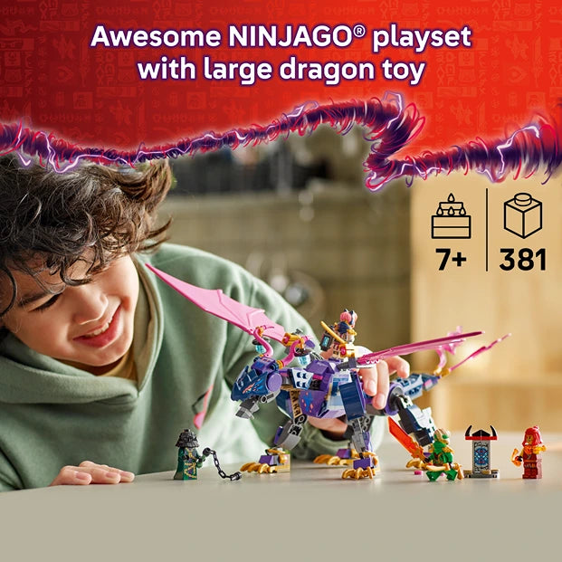 Child playing with Lego Ninjago Rontu the Master Dragon set featuring a large purple and pink dragon toy with minifigures, 381 pieces, recommended for ages 7 and up