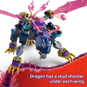LEGO Rontu the Master Dragon 71842 buildable toy figure featuring purple blue and gold mechanical dragon with pink energy effects and stud shooters under wings against white background