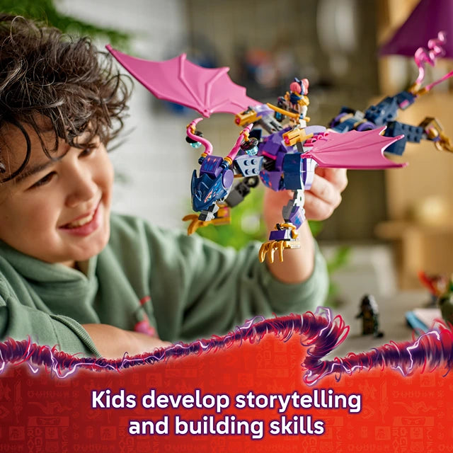 Child playing with LEGO Rontu Master Dragon set featuring purple and blue dragon figure with pink wings and yellow details, demonstrating building and imaginative play skills