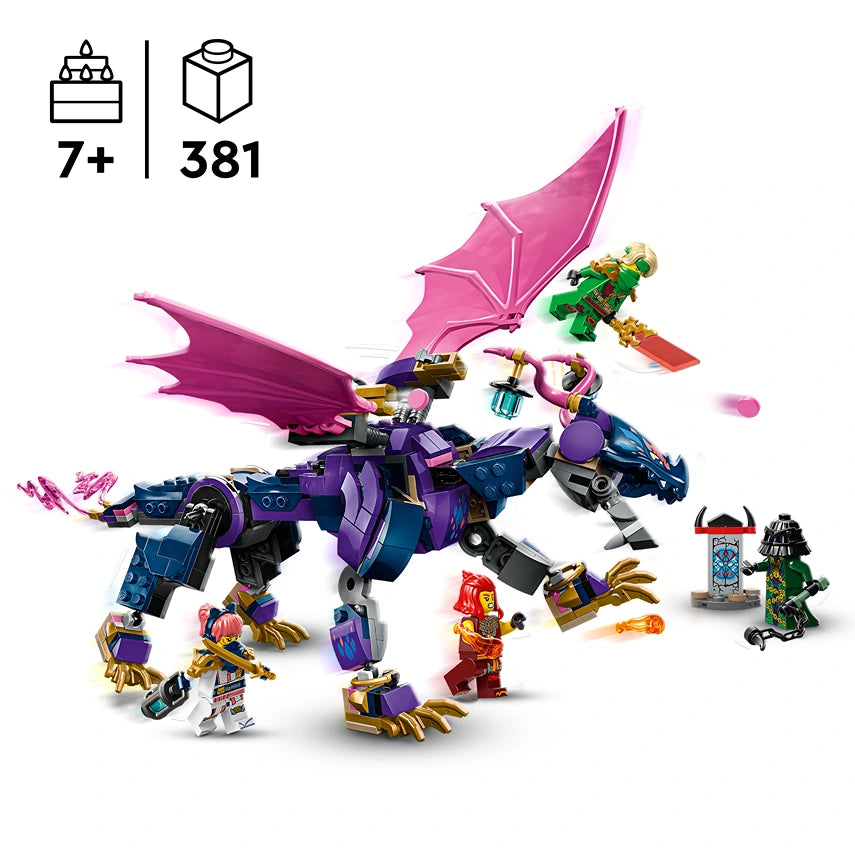 LEGO Rontu the Master Dragon 71842 buildable figure featuring purple and blue dragon with pink wings, gold accents, minifigures and accessories against white background