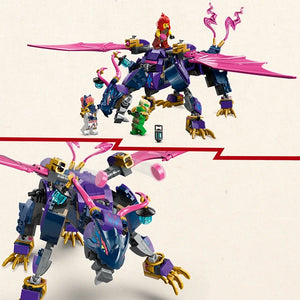 LEGO Rontu the Master Dragon 71842 set showing purple and gold dragon robot with pink wings in two assembly views, including minifigures and components against cream background