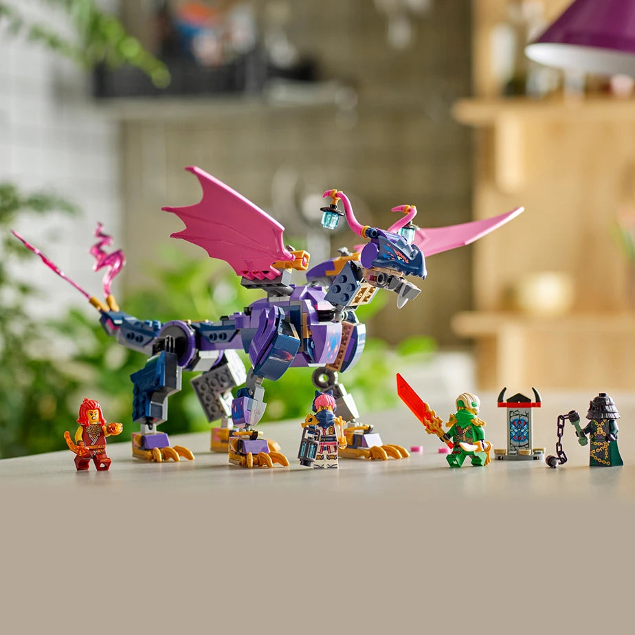 LEGO Ninjago Rontu the Master Dragon set 71842 featuring a large purple and blue dragon with pink wings, minifigures including a ninja in green, a fire character, and a dark villain, displayed on a white surface with blurred garden background