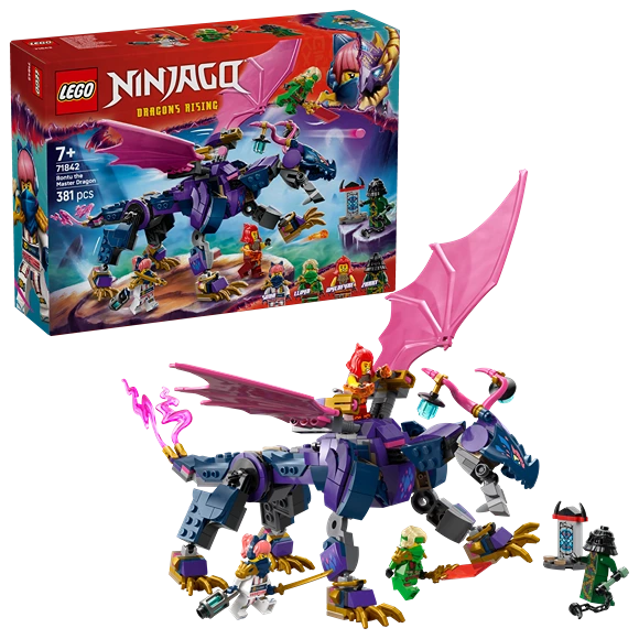 LEGO NINJAGO Dragons Rising set 71842 featuring Rontu the Master Dragon with purple and pink dragon figure, minifigures, and 381 pieces shown with retail box