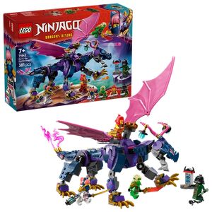 LEGO NINJAGO Dragons Rising set 71842 featuring Rontu the Master Dragon with purple and pink dragon figure, minifigures, and 381 pieces shown with retail box