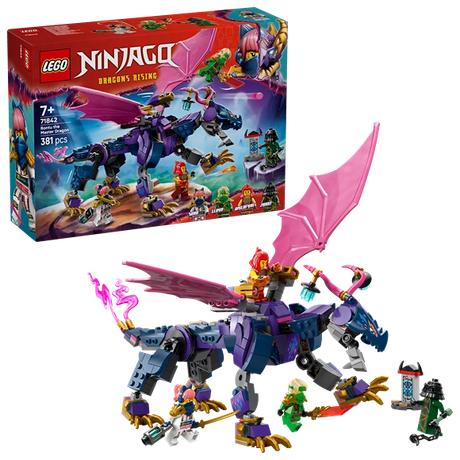 LEGO NINJAGO Dragons Rising set 71842 featuring Rontu the Master Dragon with purple and pink dragon figure, minifigures, and 381 pieces shown with retail box