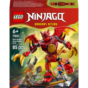 LEGO Ninjago Dragons Rising Kai's Dragon Mech Battle Pack 71851 box showing red and gold dragon mech with articulated wings, minifigures, and 85 pieces for ages 6+