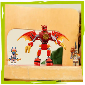 LEGO Ninjago Kai's Dragon Mech Battle Pack 71851 featuring a red and gold dragon-themed mech robot with articulated wings, accompanied by three minifigures including Kai in blue and white ninja outfit, displayed against a beige background with green framing