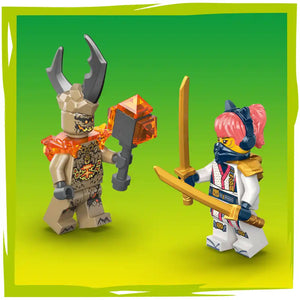 LEGO Ninjago Kai's Dragon Mech Battle Pack 71851 featuring two minifigures with golden swords and weapons on a bright green background, including a tan and grey dragon mech warrior with large horns and a pink-haired ninja character in white and blue armor