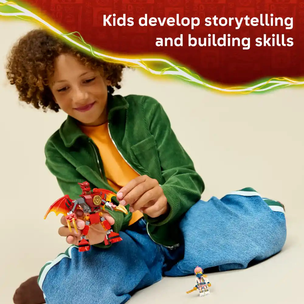 Child in green jacket and blue jeans playing with LEGO Ninjago red dragon mech figure and minifigure, demonstrating storytelling and building skills with colorful brick construction toy set