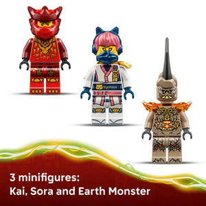 Three LEGO Ninjago minifigures displayed against a red and green swirling background showing Kai in red ninja outfit with gold armor, Sora in white and blue with pink hair and headphones, and Earth Monster in tan and beige with spiky features and black horn, labeled as set 71851