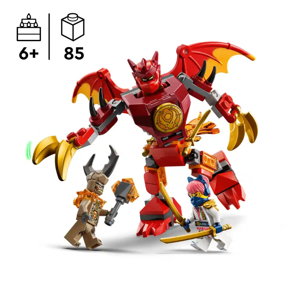 LEGO Ninjago Kai's Dragon Mech Battle Pack 71851 featuring a red and gold dragon mech robot with articulated limbs, yellow wing details, and a circular chest emblem, accompanied by three minifigures including a brown beast warrior and two ninja characters with weapons, age 6+, 85 pieces