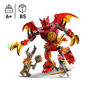 LEGO Ninjago Kai's Dragon Mech Battle Pack 71851 featuring a red and gold dragon mech robot with articulated limbs, yellow wing details, and a circular chest emblem, accompanied by three minifigures including a brown beast warrior and two ninja characters with weapons, age 6+, 85 pieces