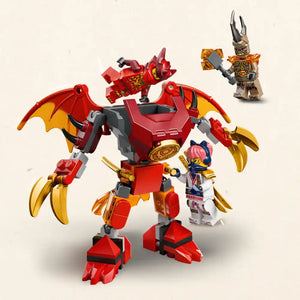 LEGO Ninjago Kai's Dragon Mech Battle Pack 71851 featuring a red and gold dragon mech with yellow wings, gray accents, and articulated limbs alongside three minifigures including Kai in white and gold ninja outfit and a horned warrior character