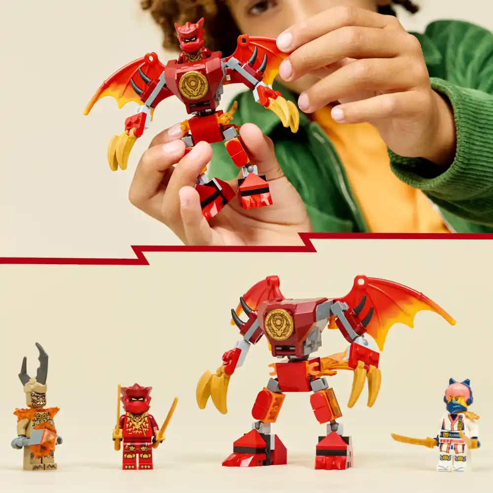 Child holding red and gold dragon mech toy with yellow wings, surrounded by LEGO Ninjago minifigures including Kai in red ninja outfit, small demon character with horns, and colorful warrior figure against beige background