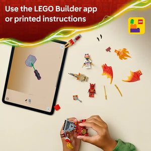 LEGO Ninjago Kai's Dragon Mech Battle Pack showing tablet with LEGO Builder app instructions, red and gold dragon mech minifigure with wings, Kai ninja character minifigure, weapons and accessories on tan surface with child's hands assembling red mech piece