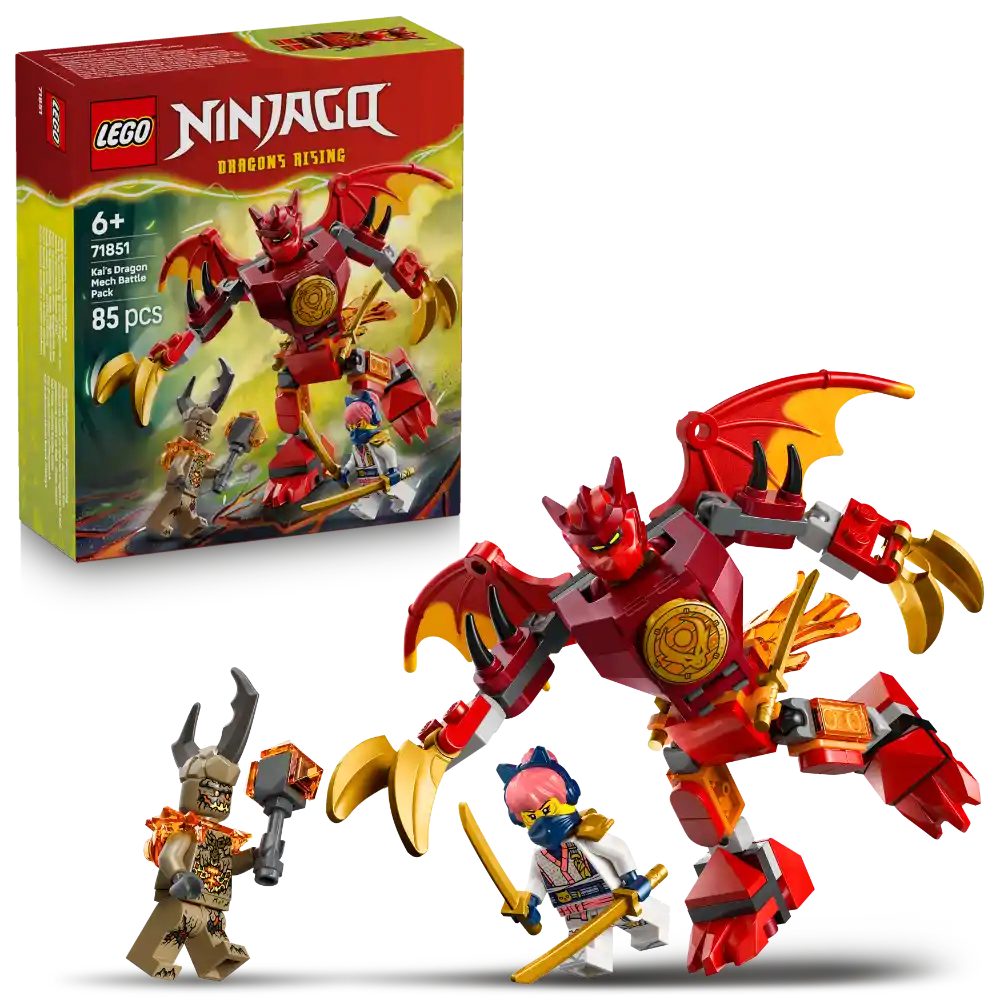 LEGO Ninjago Dragons Rising Kai's Dragon Mech Battle Pack 71851 featuring red and gold dragon mech with articulated wings, two minifigures including Kai with sword, and villain character with weapon, 85 pieces, age 6+