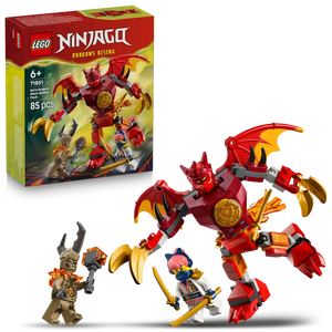 LEGO Ninjago Dragons Rising Kai's Dragon Mech Battle Pack 71851 featuring red and gold dragon mech with articulated wings, two minifigures including Kai with sword, and villain character with weapon, 85 pieces, age 6+