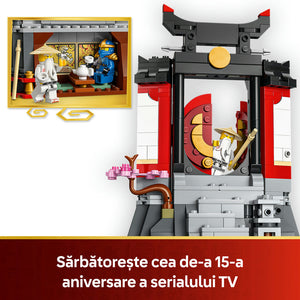 LEGO Ninjago 71866 15th Anniversary set featuring yellow diorama box with white ninja character and temple interior on left, and large red and black pagoda structure with ninja minifigure and golden gong on right, commemorating the series' 15-year milestone