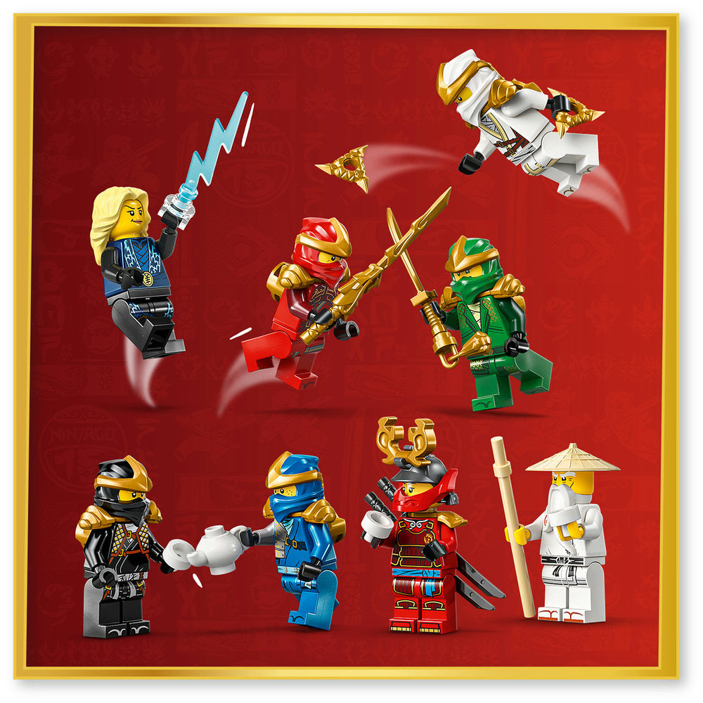 LEGO Ninjago minifigures collection displayed on red background with gold border showing ninja warriors in blue, red, green, black and white costumes with weapons and a white dragon aircraft above for 15th anniversary set 71866