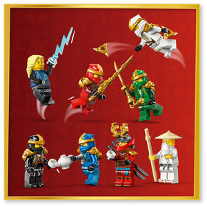 LEGO Ninjago minifigures collection displayed on red background with gold border showing ninja warriors in blue, red, green, black and white costumes with weapons and a white dragon aircraft above for 15th anniversary set 71866