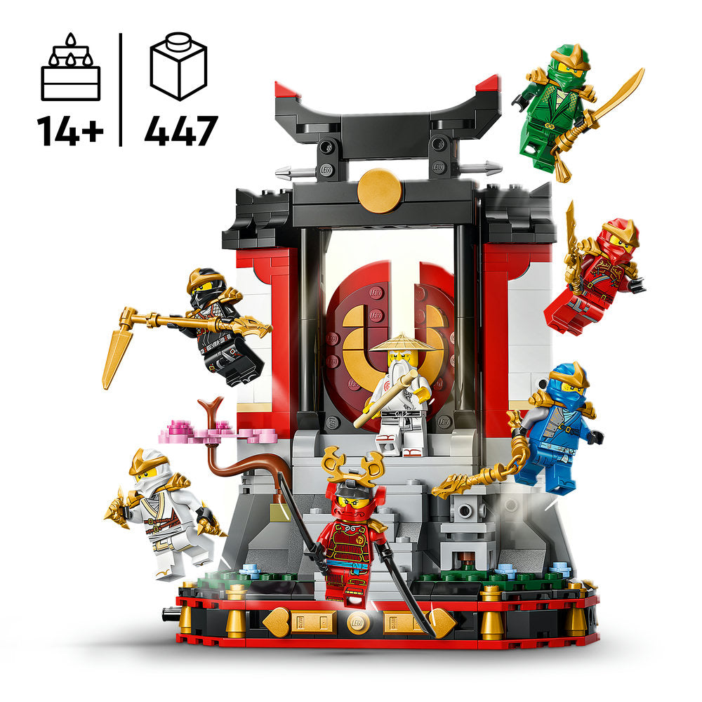 LEGO Ninjago 15th Anniversary Character Display Set 71866 featuring 447 pieces with six colorful ninja minifigures in gold, green, red, white and blue outfits posed around a red and black Asian-inspired temple structure with golden accents and decorative elements