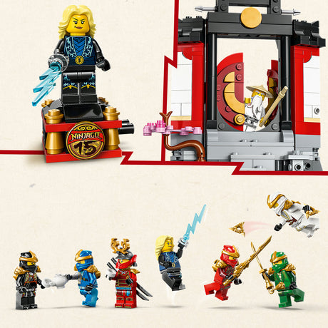 LEGO Ninjago 15th Anniversary Character Display set 71866 featuring golden and black minifigure display stand with blue lightning effects, red and black dojo building section, and six ninja minifigures in gold, blue, red and green outfits with weapons