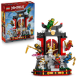 LEGO Ninjago Legacy 15th Anniversary Ninja Character Display Set 71866 featuring red and black temple structure with gold accents, multiple minifigures in green, red and blue ninja outfits, 447 pieces, age 14 plus, shown with product box and assembled display model
