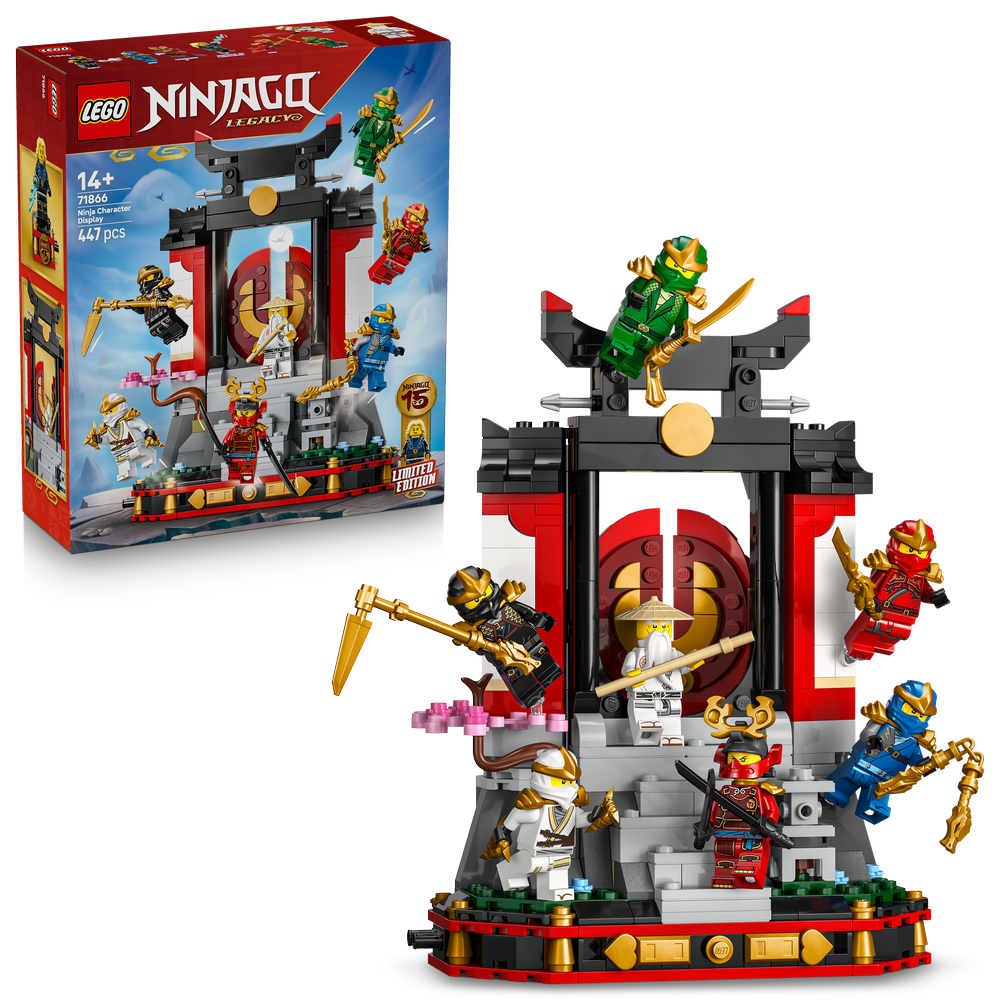 LEGO Ninjago Legacy 15th Anniversary Ninja Character Display Set 71866 featuring red and black temple structure with gold accents, multiple minifigures in green, red and blue ninja outfits, 447 pieces, age 14 plus, shown with product box and assembled display model