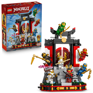 LEGO Ninjago Legacy 15th Anniversary Ninja Character Display Set 71866 featuring red and black temple structure with gold accents, multiple minifigures in green, red and blue ninja outfits, 447 pieces, age 14 plus, shown with product box and assembled display model