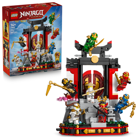 LEGO Ninjago Legacy 15th Anniversary Ninja Character Display Set 71866 featuring red and black temple structure with gold accents, multiple minifigures in green, red and blue ninja outfits, 447 pieces, age 14 plus, shown with product box and assembled display model