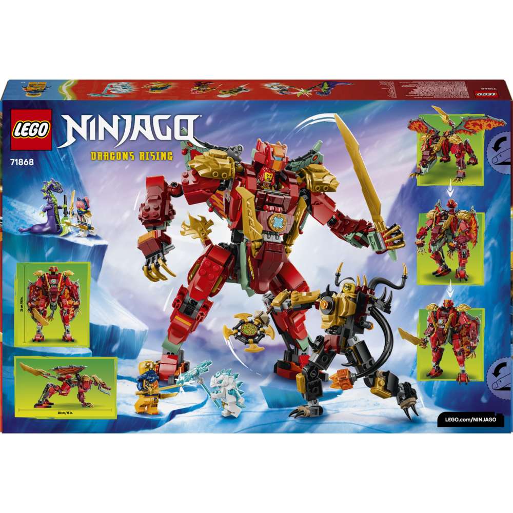 LEGO Ninjago Wyldfyre's Transforming Dragon Mech 71868 - the back of the box showing play features and box contents. 821 pieces. Ages 9+.