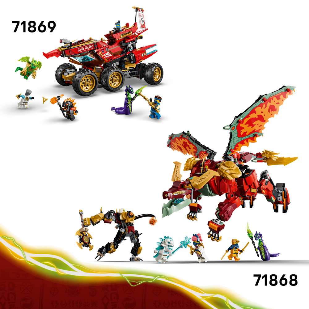 LEGO Ninjago Wyldfyre's Transforming Dragon Mech 71868 - shown alongside related LEGO sets sold separately. 821 pieces. Ages 9+.