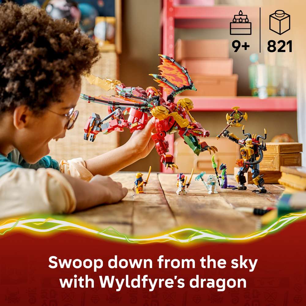 LEGO Ninjago Wyldfyre's Transforming Dragon Mech 71868 - captioned product view. 821 pieces. Ages 9+.