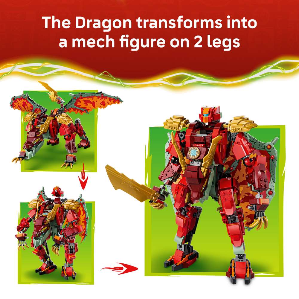 LEGO Ninjago Wyldfyre's Transforming Dragon Mech 71868 - captioned product view. 821 pieces. Ages 9+.
