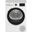 Beko 12kg heat pump sensor dryer in white with black trim, featuring a large circular door with visible drum interior, digital display panel, and control knob on the front facade