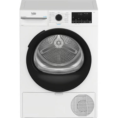 Beko 12kg heat pump sensor dryer in white with black trim, featuring a large circular door with visible drum interior, digital display panel, and control knob on the front facade