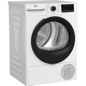 Beko 12kg white heat pump sensor dryer with black door and chrome drum, front-load design with digital display and control panel