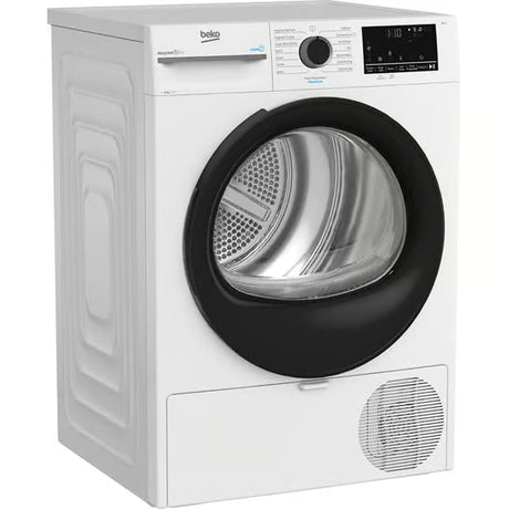 Beko 12kg white heat pump sensor dryer with black door and chrome drum, front-load design with digital display and control panel