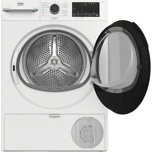 Beko 12kg heat pump sensor dryer in white with open door showing stainless steel drum, digital display panel, and condenser unit at bottom