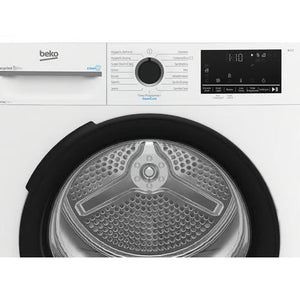 Beko 12kg heat pump sensor dryer in white with black door drum visible, control panel with digital display and rotary dial shown at top