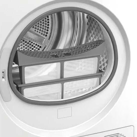 Beko 12kg white heat pump sensor dryer showing open circular door with stainless steel drum and perforated interior viewed from front